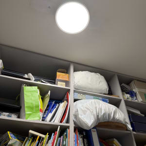 תאורה עגולה על תקרה מעל מדפים עם ספרים וחפצים