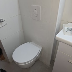 אסלה תלויה עם לחצן הדחה על קיר לבן