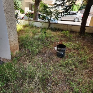 דלי שחור על אדמה עם עשבים שוטים