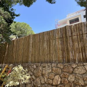 גדר במבוק על קיר אבן עם סולם צהוב