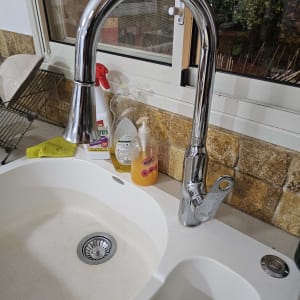 ברז מטבח עם כיור כפול וסבון כלים