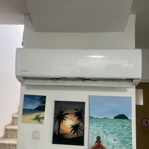 מזגן מותקן על קיר עם ציורי נוף