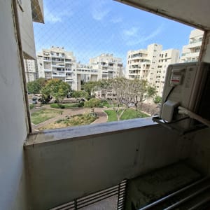 רשת יונים מותקנת על חלון עם נוף לבניינים