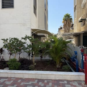 בניין עם סוכך וגינה קטנה בצד