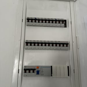לוח חשמל דירתי תלת פאזי מודרני ומסודר מותקן על קיר