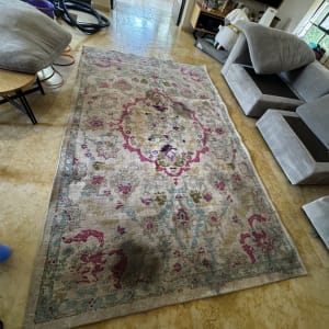 שטיח עם כתמים בתהליך ניקוי בסלון ביתי