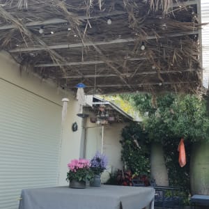 פרגולה מעץ עם שולחן וכיסאות בגינה