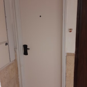 דלת בצבע בהיר עם ידית שחורה