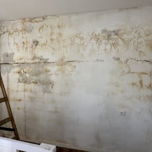 קיר עם סימני רטיבות וסולם עץ