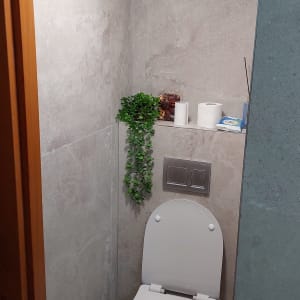 שירותים עם קיר אריחים, תאורה עגולה ותליית צמח.