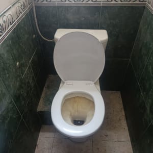 אסלה מלוכלכת עם כתמים על הרצפה והקירות