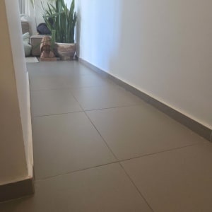 רצפת אריחים עם עציצים ודקורציה בפינה