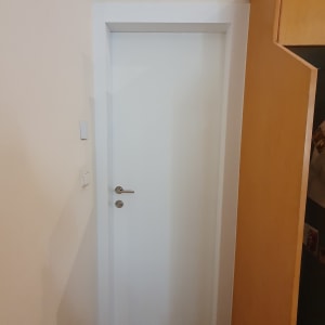 דלת לבנה עם ידית מתכת כסופה