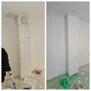 עמוד בטון לפני ואחרי שיפוץ עם כלי עבודה