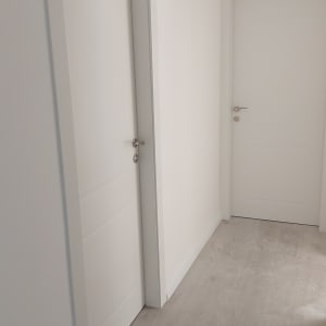 שתי דלתות לבנות במסדרון עם רצפת עץ בהירה