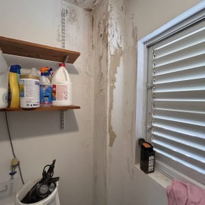 קיר ותקרה עם קילופי צבע ונזקי רטיבות ועובש לפני תיקון וצביעה