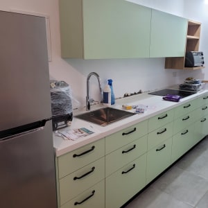 מטבח עם מקרר, כיור, ארונות ירוקים ותנור