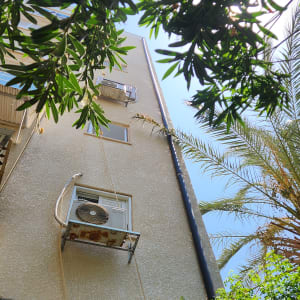 מזגן מותקן על קיר בניין עם צמחייה מסביב