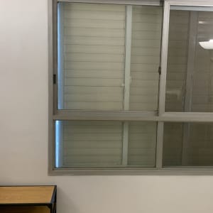 חלון זכוכית עם תריסים וצמחים על מדף