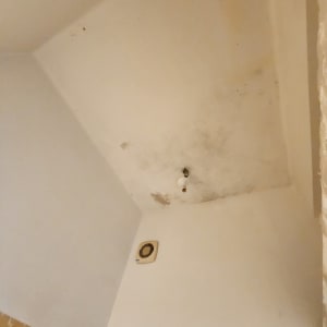 תקרה עם כתמי רטיבות ונורה חשופה