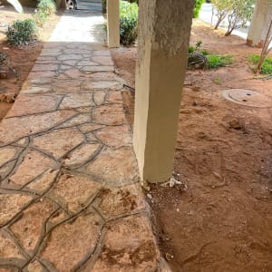 שביל אבן עם עמודים וגינה מסביב