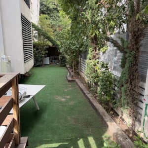 חצר גינה פרטית עם דשא סינתטי, עצים וצמחייה