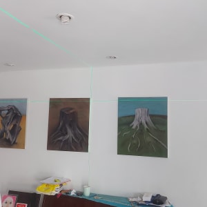 מכשיר לייזר על חצובה עם קווים ירוקים על הקיר