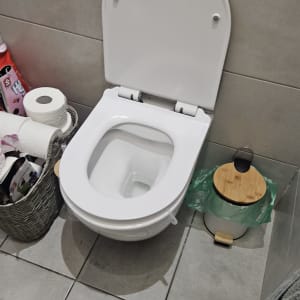 אסלה בחדר אמבטיה עם נייר טואלט ופח אשפה