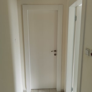 דלת לבנה עם ידית מתכת בחדר פנימי