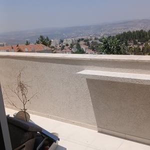 מרפסת עם נוף לעיר ועציץ קטן