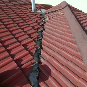 גג רעפים אדום עם צינור מתכת במרכז