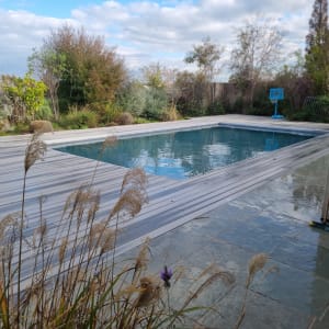 בריכת שחייה עם דק עץ וסביבה צמחייה ירוקה