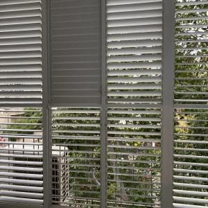 תריסים לבנים עם עלים ירוקים ברקע