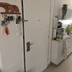 דלת לבנה עם ידית מתכת במטבח