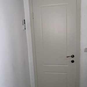 דלת לבנה עם ידית מתכת בחדר פנימי