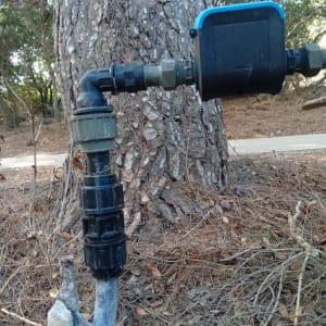צינור מים עם חיבורי פלסטיק ליד עץ