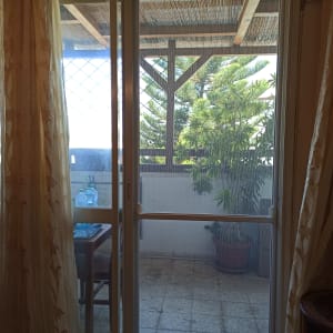 חלון אלומיניום עם נוף למרפסת ועצים ברקע