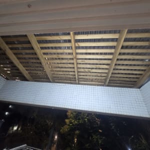 מבט מלמטה על פרגולת עץ עם קירוי סנטף שקוף במרפסת