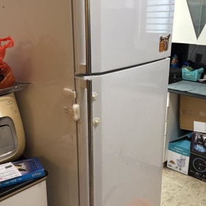 מקרר לבן במטבח עם קערה כתומה על הרצפה