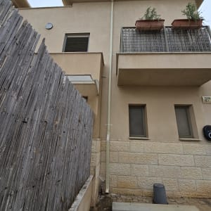 מרזב מחובר לגג בניין עם צמחייה על המרפסת