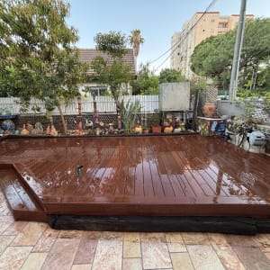 דק עץ רטוב עם עציצים ועצים מסביב