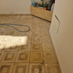 רצפת אריחים עם צינור מים ושתילים בפינה