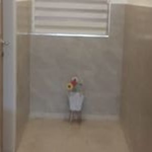 חדר עם אריחים ופרחים בפינה