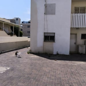 קיר חיצוני של בניין עם חצר מרוצפת