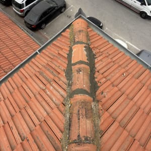 רעפים כתומים עם תיקוני מלט על גג