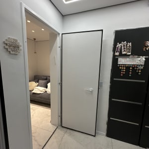 דלת לבנה פתוחה עם מסגרת שחורה בחדר מואר