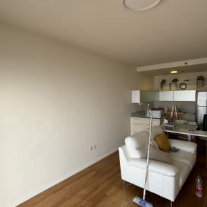 קיר צבוע, ספה וכלי ניקוי בדירה