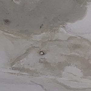 תקרה עם סימני רטיבות וצינור פלסטיק לבן