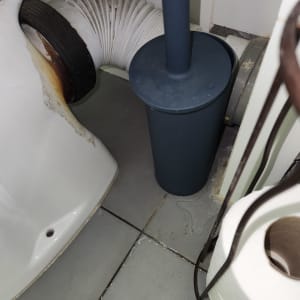 צינור שירותים, מברשת ניקוי ונייר טואלט בחדר אמבטיה