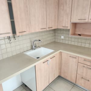 מטבח נקי עם ארונות עץ וכיור לבן